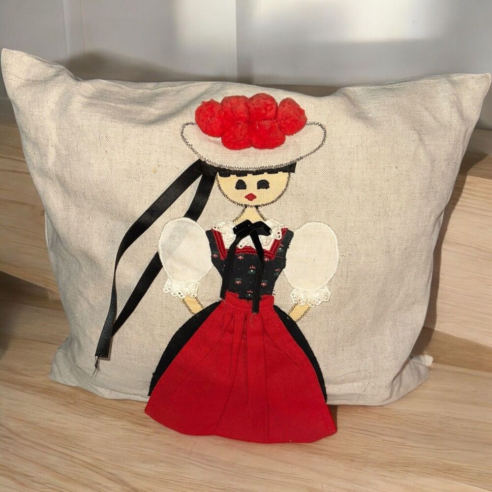 German Made Throw Pillow Shabby Chic Metal Cloth Burlap Appliqué Decor 14” VTG